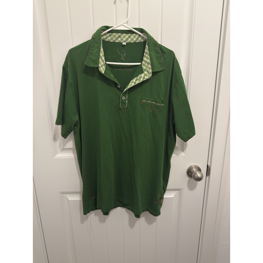 Spieth & Wensky Mens Green Alpine Polo Shirt Gingham Trim Stag Embroidery XL